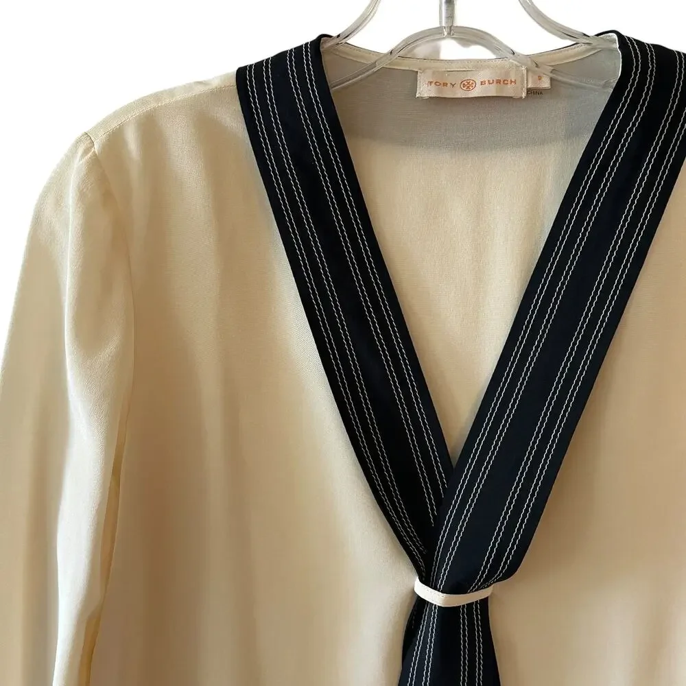 Tory Burch Silk Tie Neck Blouse Womens Size 0 New Ivory Preppy Careerwear